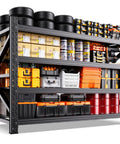 Beefy 5000 Lbs Capacity Heavy Duty Garage Shelving System With 4 Adjustable Tiers, Metal Storage Racks For Garage Basement Warehouse, 69 W x 24 D x 64 H Black, Sturdy And Versatile. Loaded with tires, bins, and tool cases