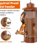 Weight Activated Squirrel Proof Bird Feeder For Outdoor Use Large Capacity Keeps Squirrels From Stealing Seed While Finches Cardinals And Chickadees Feed Freely Weatherproof Durable Construction In Reddish Brown showing bird and squirrel