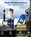 Heavy Duty 12V DC Fuel Transfer Pump 15 GPM With Auto Shutoff Nozzle, industrial grade setup with inline filter and nozzle.