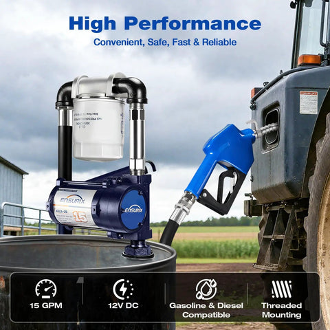 Heavy Duty 12V DC Fuel Transfer Pump 15 GPM With Auto Shutoff Nozzle, industrial grade setup with inline filter and nozzle.