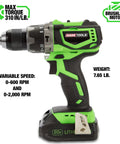 20V Max Brushless Hammer Drill With Battery And Charger Cordless Power Tool showing motor and speed settings
