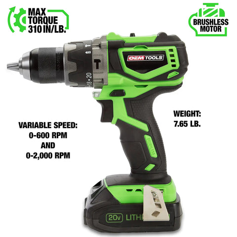 20V Max Brushless Hammer Drill With Battery And Charger Cordless Power Tool showing motor and speed settings