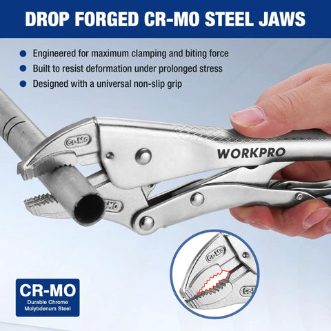 Locking Pliers Set With Curved Jaw And Long Nose, CRMO Steel Construction, showing perforated screw and secure grip, in use