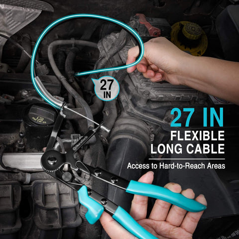 Long Reach Hose Clamp Pliers 27 Inch Flexible Radiator Clamp Tool With Ratchet Locking Mechanisms used in auto engine bay.