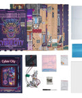 Components of Cyber City Book Nook Kit For Adults Wooden 3D Puzzle Bookend And Shelf Insert Decor with LED and dust cover.