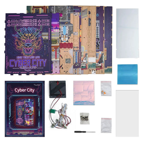 Components of Cyber City Book Nook Kit For Adults Wooden 3D Puzzle Bookend And Shelf Insert Decor with LED and dust cover.