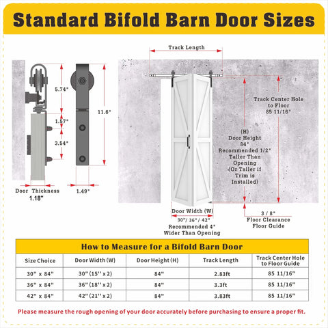 Dimensions and measurement guide for standard bifold barn doors.