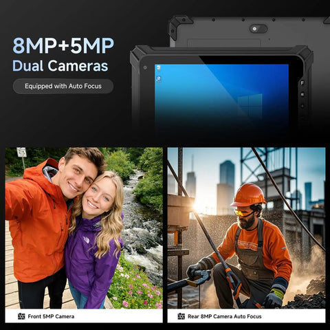 Beefed Up Eight Inch Rugged Tablet Running Windows 11 Pro With Honeywell N4680 Scanner showing dual 8MP and 5MP cameras for inventory.