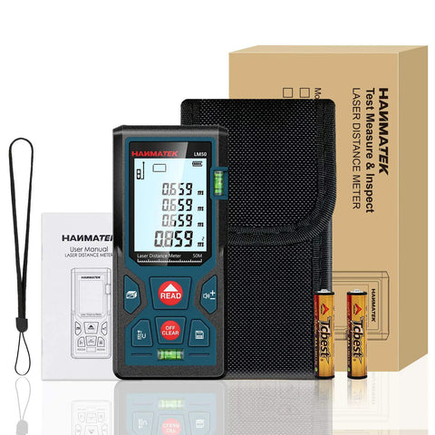Pro Grade Laser Distance Measurer with 196 Feet 50 Meters Range, Auto Calibration and 2 Bubble Levels, Large Backlit LCD, Switchable Units Feet Inches Meters, Ideal for Builders and DIY Enthusiasts, with case and manual