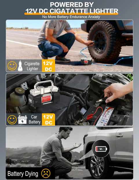 Beast Mode Heavy Duty Digital Tire Inflator 12V portable air compressor used with car battery for quick tire inflation.