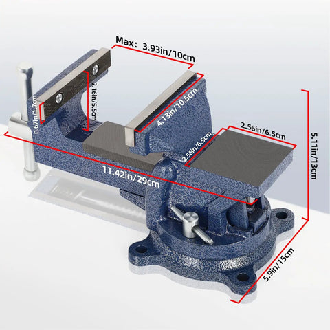 4 Inch Bench Vise With Portable Clamp And 360 Degree Swivel Base For Woodworking Milling Machine, dimensions highlighted