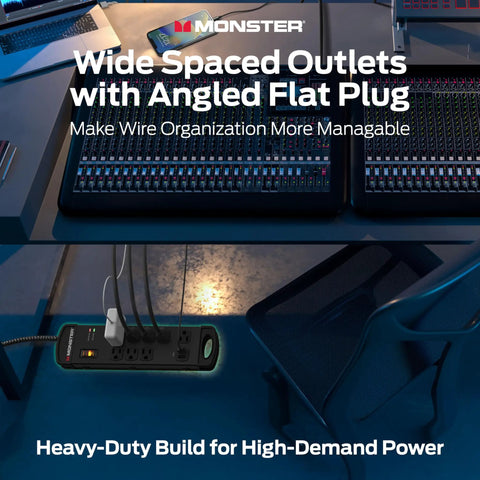 Room with Power Strip Pro Surge Protector with 1960 Joules of Protection, eight outlets, and USB ports in use, studio gear setup.