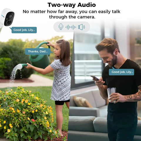 Best 2K Solar Security Camera System For Outdoor Use featuring two way audio communication between man and girl outdoors