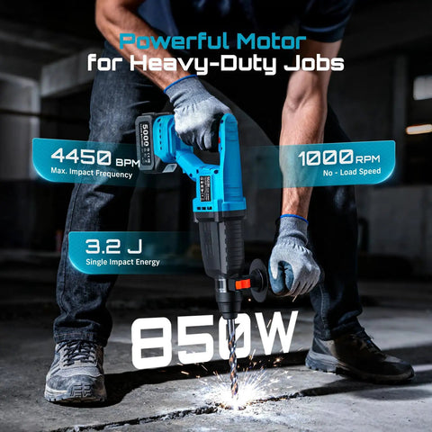 Cordless SDS-Plus Rotary Hammer Drill With 2x5.0Ah Batteries, 3.2J Impact Energy, showing power and use on concrete