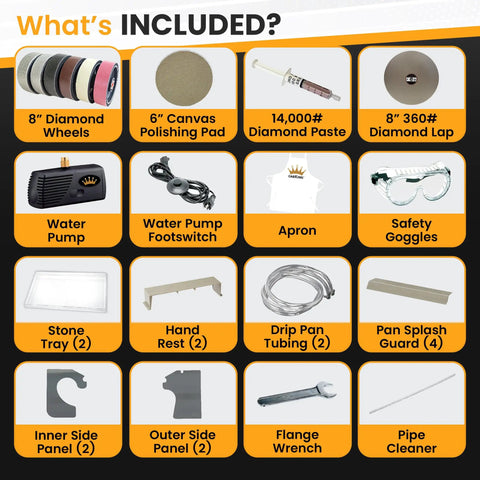 Included accessories for cabbing machine: diamond wheels, polishing pad, diamond paste, lamp, water system, and tools.