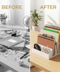 Two Pack 3 Slot Mail Organizer For Desk Space Saving With Front Accessory Tray shows tidy notebooks and envelopes in organizer