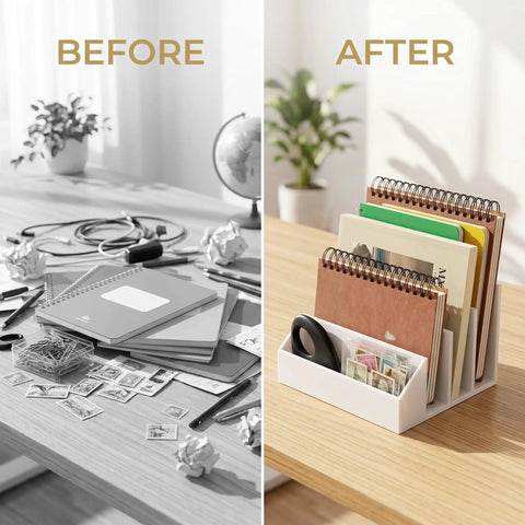 Two Pack 3 Slot Mail Organizer For Desk Space Saving With Front Accessory Tray shows tidy notebooks and envelopes in organizer