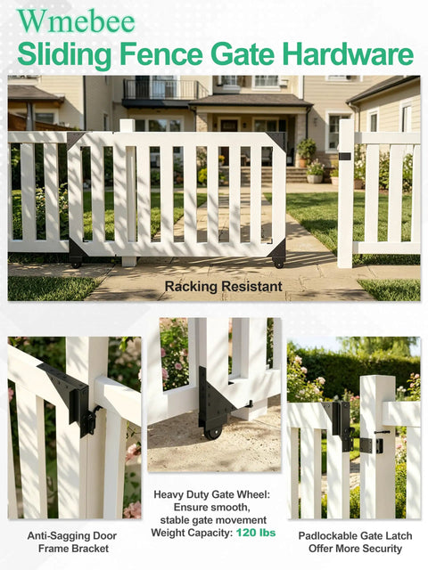 Sliding Gate Kit Heavy Duty Gate Hardware With Wheel For 1 To 2 Inch Thick Wooden Gates Anti Sag Fence System on white fence