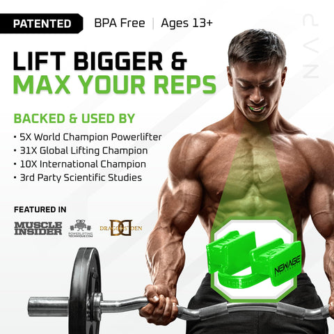 Man lifting weights wearing 6DS Weightlifting Mouthpiece For More Reps And Strength, Align Your Jaw For Better Posture And Stronger Lifts