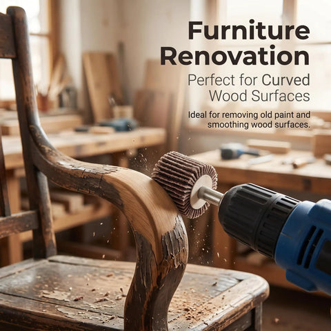 Drill with 50 Pack 1 Inch Flap Wheel Sander Set, 80 Grit Aluminum Oxide Wheels, removing paint from wooden chair arm.