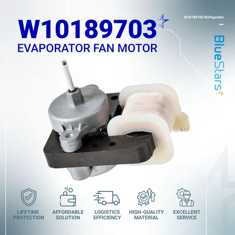 Upgraded Refrigerator Evaporator Fan Motor Replacement W10189703 on display, showing metal and plastic components, compatible with WPW10189703.