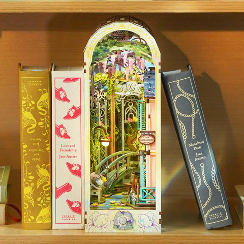DIY Book Nook Kit For Grownups 3D Wooden Miniature House Puzzle With LED Lights Dust Cover And Bookend Insert Giverny Garden Edition