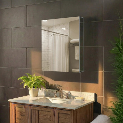 Heavy Duty Anodized Aluminum Bathroom Medicine Cabinet Featuring Adjustable Tempered Glass Shelves And Mirrored Interior mounted above a vanity.