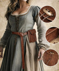Top Tier Renaissance Belt Pouch And Retro Waist Bag Duo For Medieval Pirate Cosplay And Larp Essentials worn on a dress with adjustable strap.