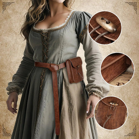 Top Tier Renaissance Belt Pouch And Retro Waist Bag Duo For Medieval Pirate Cosplay And Larp Essentials worn on a dress with adjustable strap.