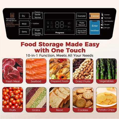 Food storage options displayed with control panel of 95KPa Vacuum Sealer Machine For Food Auto With Dual 12mm Heat Seal 10 In 1 Modes.