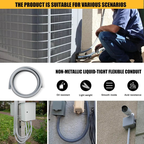 Three Quarter Inch Four Foot Liquid Tight Electrical Conduit Kit with non-metallic PVC conduits in various installation scenarios
