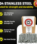 5/16-18 X 5 Inch Stainless Hex Head Bolts, 304 Stainless Steel, Coarse Thread USS, Heavy Duty Outdoor Grade Hardware For Decks, Fences, And DIY Projects in box