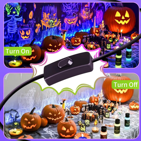 100W LED Black Light Flood Light 2 Pack Totally Lit Ultra Bright UV Glow for Halloween parties, showing switch on-off.