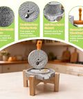 Manual Granite Stone Grain Mill With Wooden Base And Heavy Duty Handle For Flour Grain And Spice Grinding In Home Kitchen.