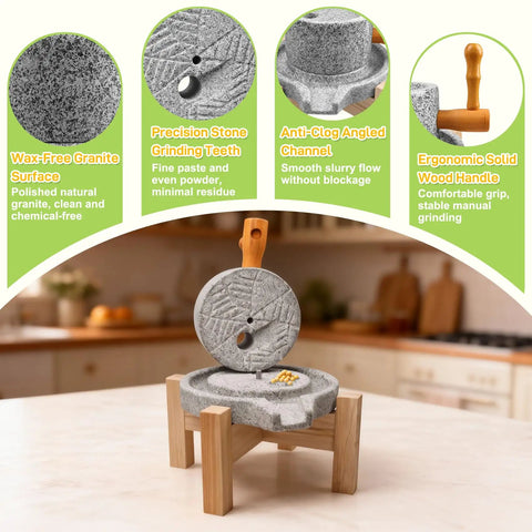 Manual Granite Stone Grain Mill With Wooden Base And Heavy Duty Handle For Flour Grain And Spice Grinding In Home Kitchen.