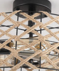 Close-up of 3 Light Rustic Woven Flush Mount Ceiling Light Fixture With Handmade Hemp Rope Cage Industrial Semi Flush Mount