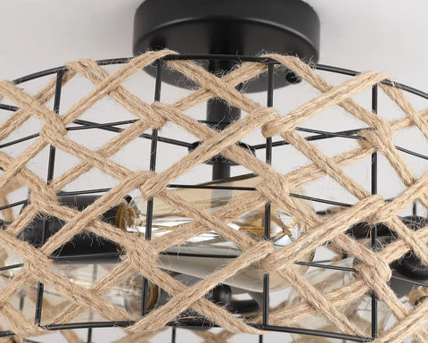 Close-up of 3 Light Rustic Woven Flush Mount Ceiling Light Fixture With Handmade Hemp Rope Cage Industrial Semi Flush Mount