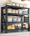 Heavy Duty Garage Shelving Units With 3044 Pound Capacity, showcasing black metal shelves filled with labeled storage bins.