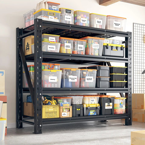 Heavy Duty Garage Shelving Units With 3044 Pound Capacity, showcasing black metal shelves filled with labeled storage bins.