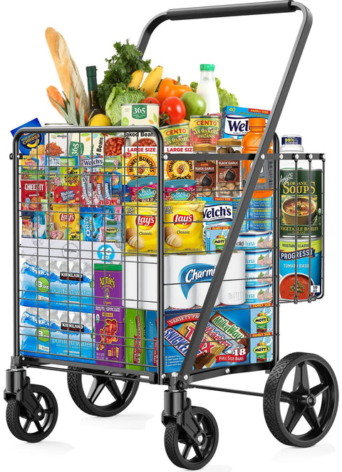 450 Lbs Capacity Folding Shopping Cart Behemoth On Wheels With Dual Basket And 360 Degree Swivel Wheels loaded with groceries