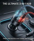 Road Ready Three In One Starlink Mini Car Charger Featuring Slick 36W PD And Quick Charge 18W Adapter in vehicle console.