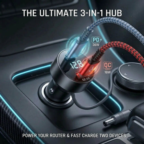 Road Ready Three In One Starlink Mini Car Charger Featuring Slick 36W PD And Quick Charge 18W Adapter in vehicle console.