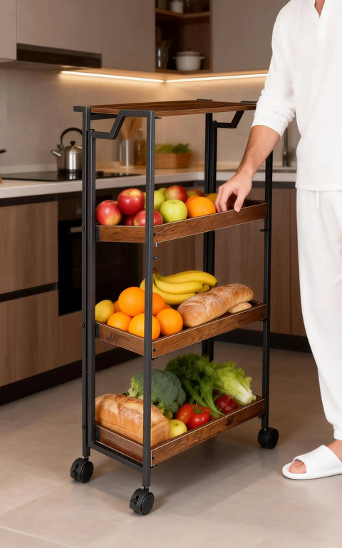 Person using Large 4-Tier Collapsible Wooden Storage Shelf With Heavy Duty 100 Lb Capacity And Locking Wheels in a kitchen