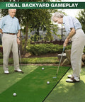 Two people practicing golf on Indoor Outdoor 3x10ft Golf Putting Green Mat With Thick 10mm Non Slip Base And Side Borders