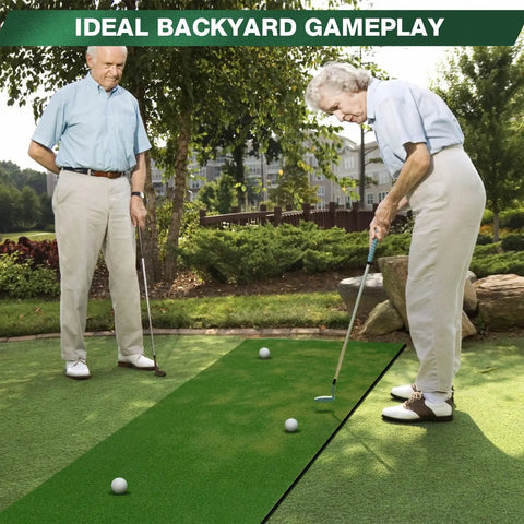 Two people practicing golf on Indoor Outdoor 3x10ft Golf Putting Green Mat With Thick 10mm Non Slip Base And Side Borders