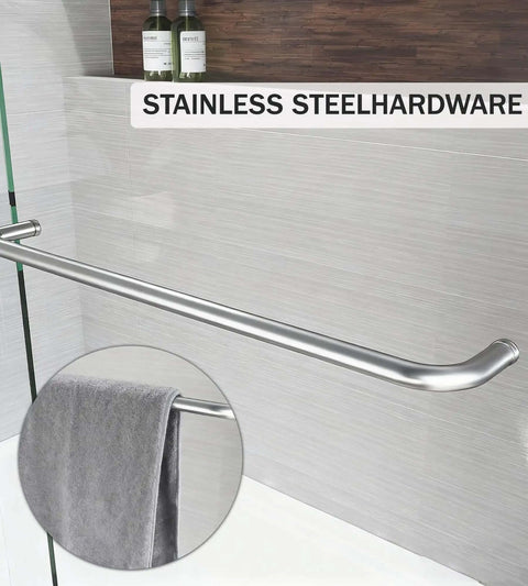 Handrail with towel holder feature on Double Sliding Shower Door In Brushed Nickel Finish For 56 To 60 Inch Openings, 57 Inch Height Semi Frameless Barn Style Bypass Tub Glass Door With Anti Leak Design, Quarter Inch Clear Tempered Glass.