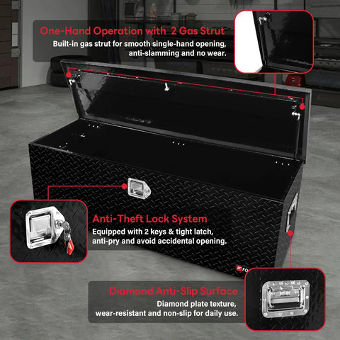 Badass Lockable 48 Inch Aluminum Truck Tool Box With Side Handle And Smooth Gas Struts For Full Size Pickup Diamond Plate Waterproof Bed Storage In Black