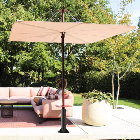 Outdoor patio with heavy duty deck mount umbrella holder, fully welded steel base, interchangeable plastic sleeves, 1-2 inch poles