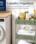 Three-Tier Water Hyacinth Rolling Caddy With Wheels For Laundry Room Bathroom Craft Room And More with items in baskets
