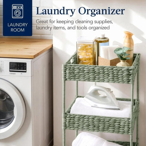 Three-Tier Water Hyacinth Rolling Caddy With Wheels For Laundry Room Bathroom Craft Room And More with items in baskets